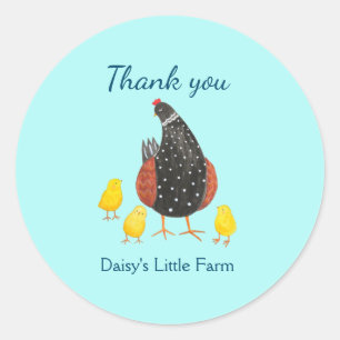 Adesivo Redondo Mama Hen e três pintinhos obrigado personalizado