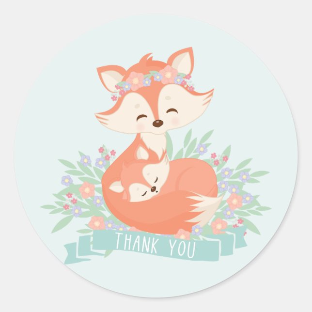 Adesivo Redondo Mamãe e Chá de fraldas de Bebê Fox Blue Boy Obriga (Frente)