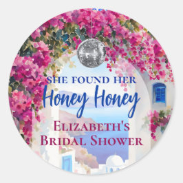 Adesivo Redondo Mamma Mia Grega Disco Ball Blue Azulejos Obrigado