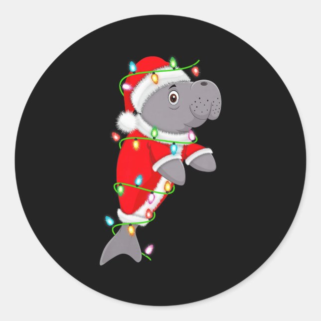 Adesivo Redondo Manatee Christmas Lights Santa Costume Cute Animal (Frente)