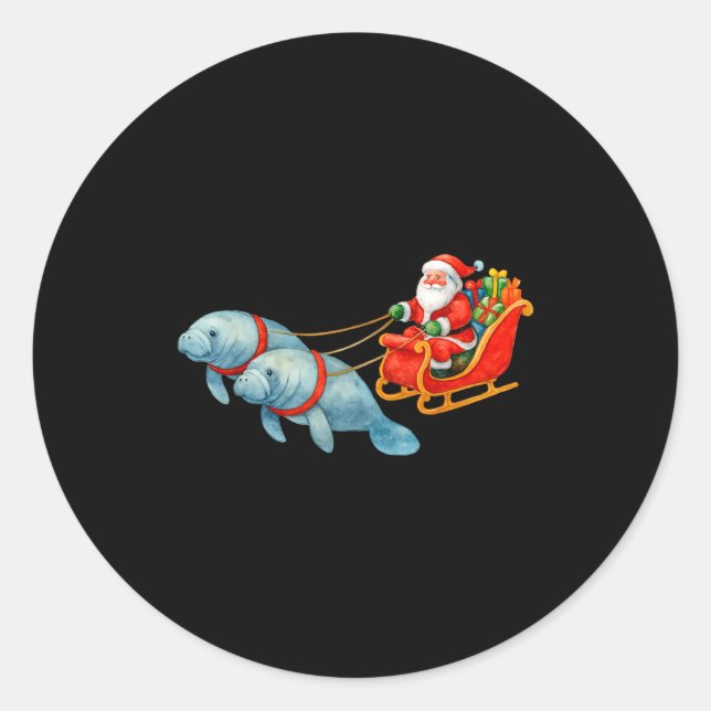 Adesivo Redondo Manatee Santa Christmas Sleigh - Funny Manatee Xma (Frente)