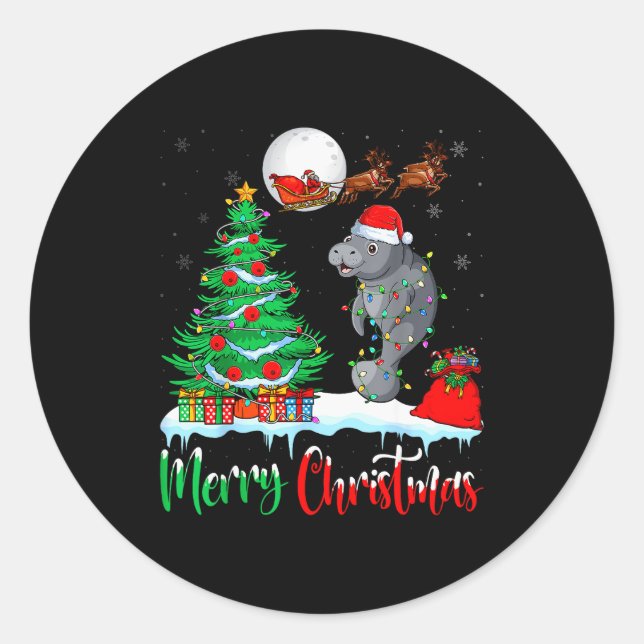Adesivo Redondo Manatee Santa Hat Xmas Tree Merry Christmas Manate (Frente)