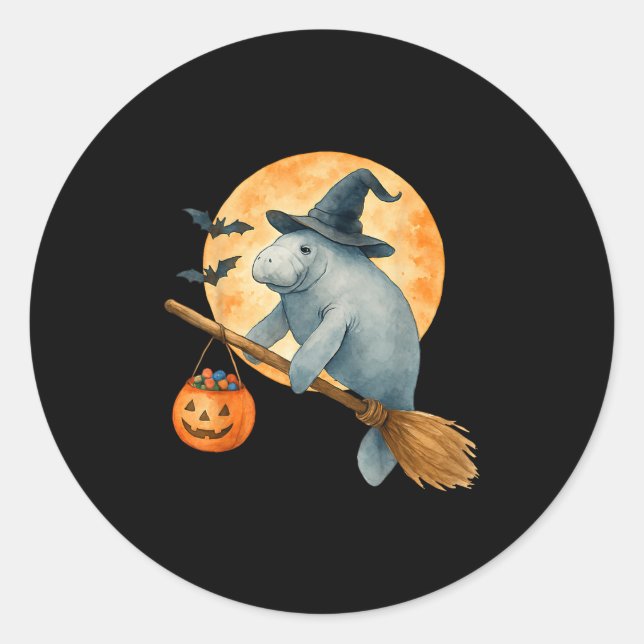 Adesivo Redondo Manatee Witch Hat Pumpkin Halloween Homens Wo (Frente)