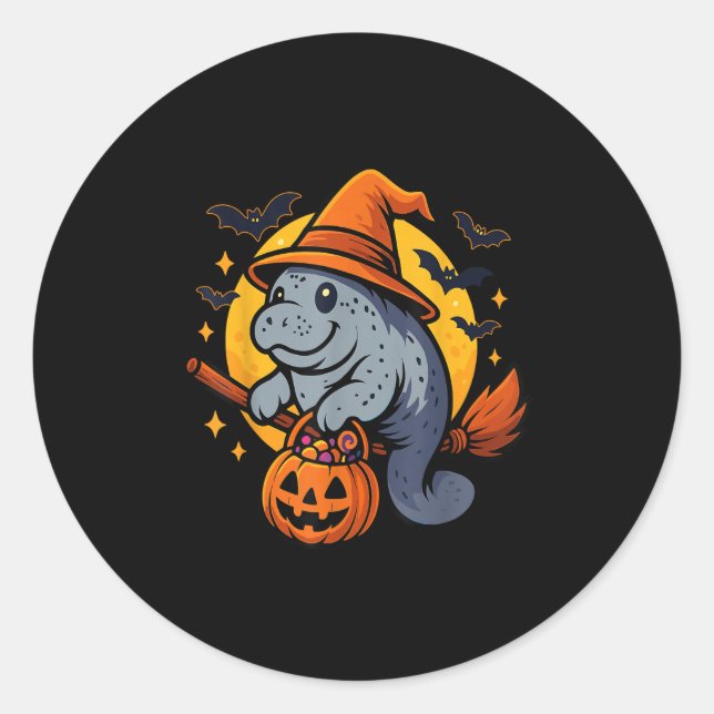Adesivo Redondo Manatee Witch Hat Pumpkin Halloween Soky Season  (Frente)