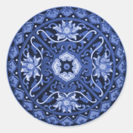 Adesivo Redondo Mandala Azul e Branco Chinês Antiquado