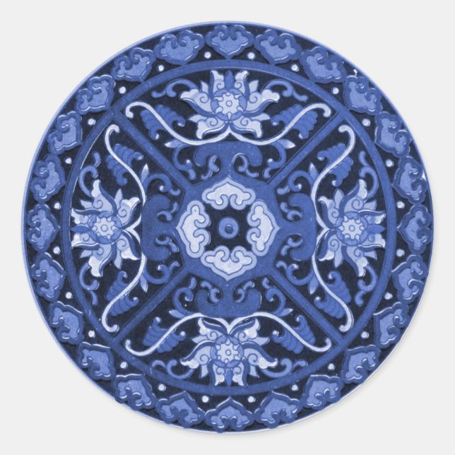 Adesivo Redondo Mandala Azul e Branco Chinês Antiquado (Frente)