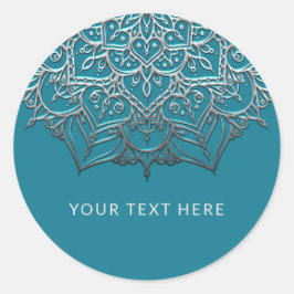 Adesivo Redondo Mandala Azul Turquesa e Prata Elegante Casamento M