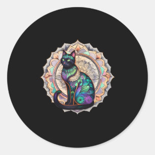 Adesivo Redondo Mandala Cat Intricate Boho Zen Design Sticker
