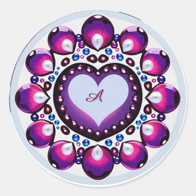 Adesivo Redondo Mandala Circular Com Centro de Coração Roxo (Frente)