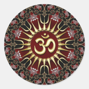 Adesivo Redondo Mandala de Energia Coragem OM Dourado Preto Vermel
