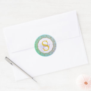 Adesivo Redondo Mandala de Monograma Personalizado Dourado e Turqu