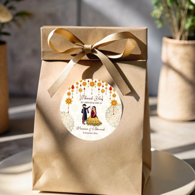 Adesivo Redondo Mandala decor dançando casal indiano mehndi sangee (Mandala decor dancing Indian couple mehndi sangeet Classic Round Sticker)