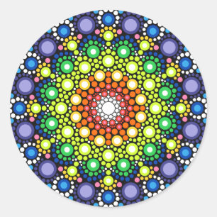 Adesivo Redondo Mandala Dot Fractal Retro Hippie Pontos Trippy