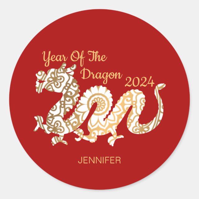Adesivo Redondo Mandala Dragon 2024 Vermelho de Ano Novo chinês (Frente)