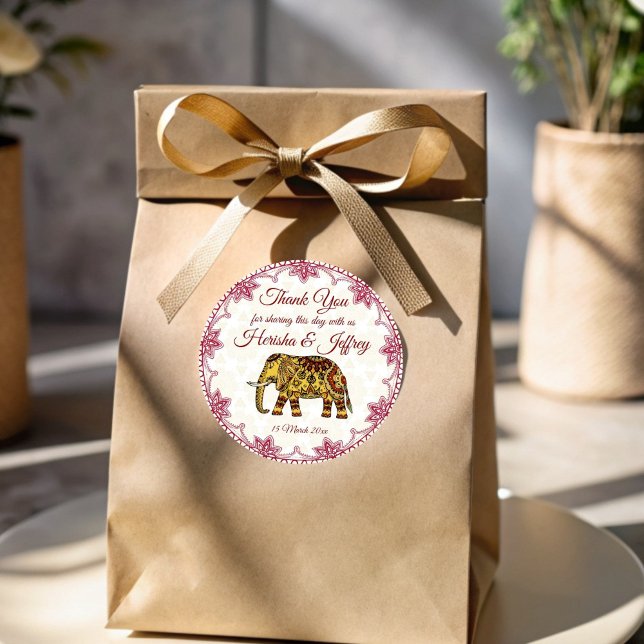 Adesivo Redondo Mandala elefantes da fronteira indiana casamento i (Mandala elephants Indian border Indian wedding Classic Round Sticker)