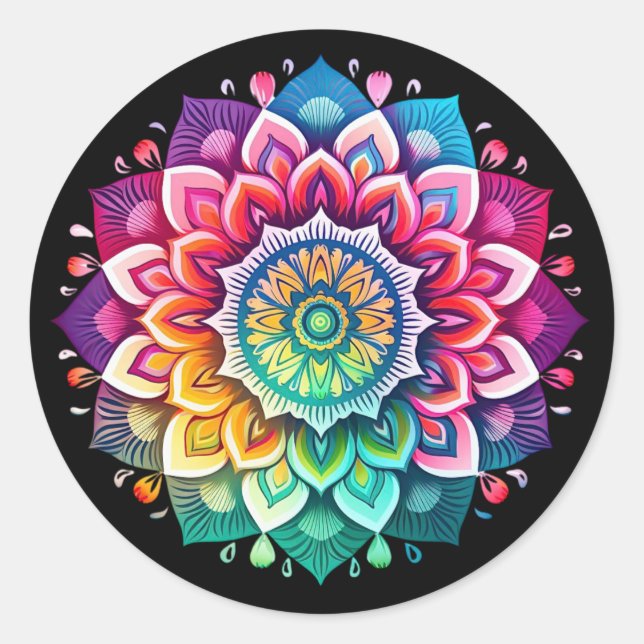 Adesivo Redondo Mandala Flor / Desenho de Arco-íris (Frente)