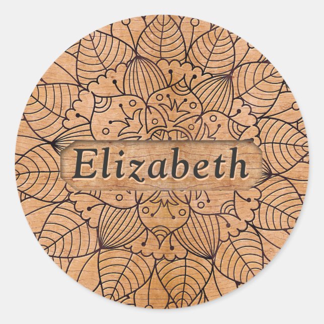 Adesivo Redondo Mandala Floral de Madeira Esculpida Personalizada (Frente)