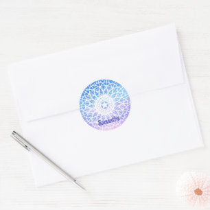 Adesivo Redondo Mandala Floral Do Espaço Puro, Branco E Azul