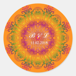 Adesivo Redondo Mandala floral étnica no fundo alaranjado