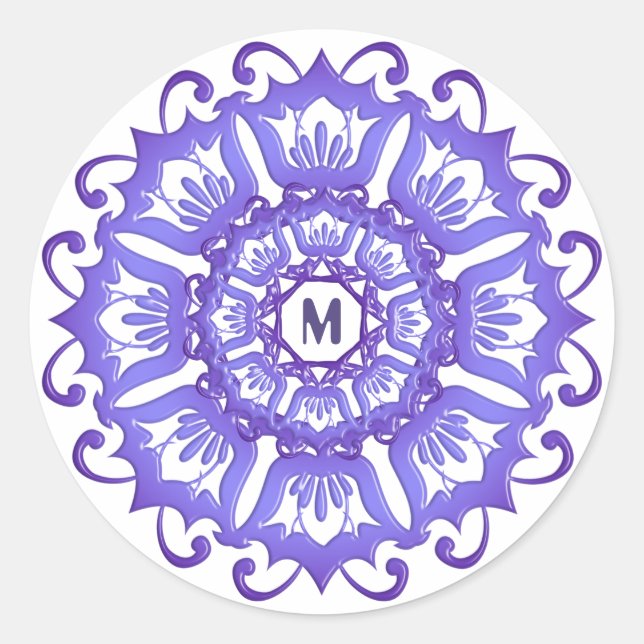Adesivo Redondo Mandala floral violeta. Monograma. (Frente)