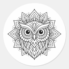 Adesivo Redondo Mandala Owl Head Line Art