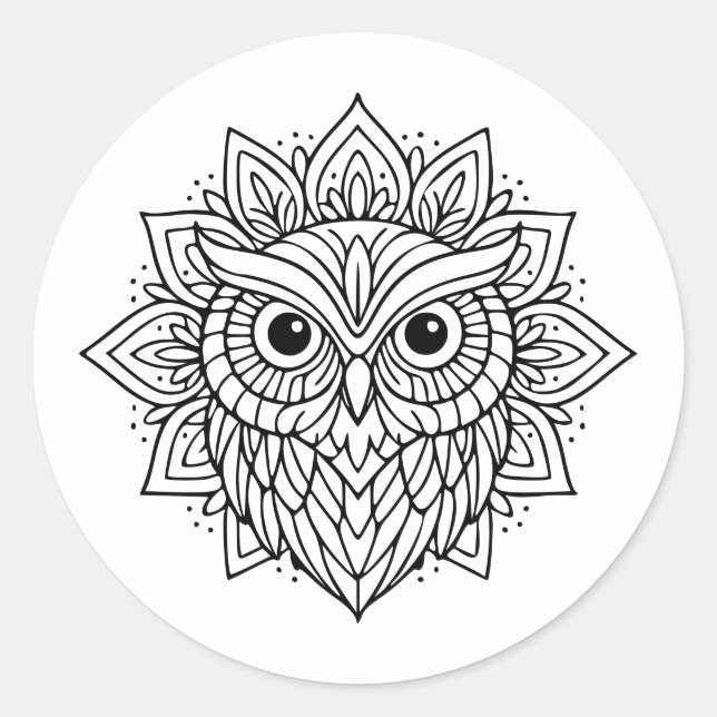 Adesivo Redondo Mandala Owl Head Line Art (Frente)