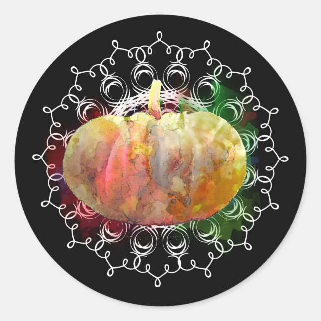 Adesivo Redondo Mandala Pumpkin Watercolor Damask Fall Season (Frente)