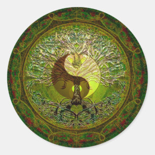 Adesivo Redondo Mandala verde de Yin Yang com a árvore de vida