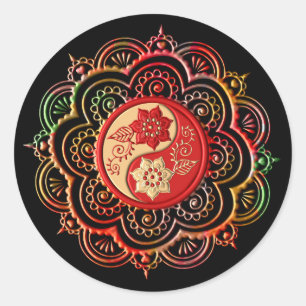 Adesivo Redondo Mandala Vermelho e Dourado