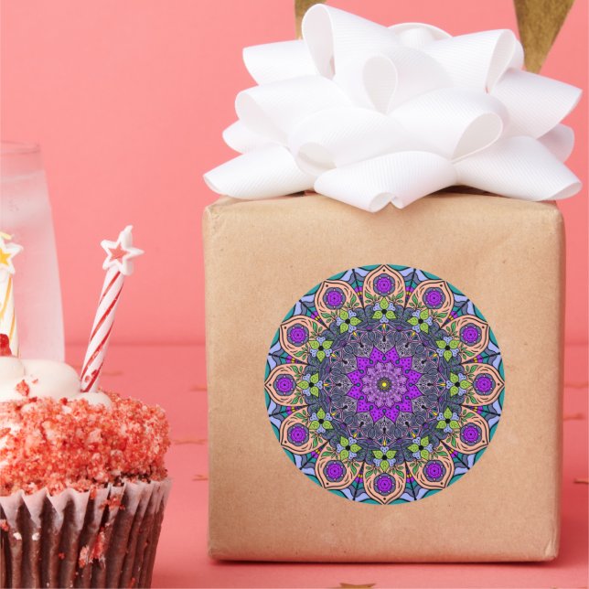 Adesivo Redondo Mandala Violet Peach 12 Petals Salmão Rosa Verde (Festa)