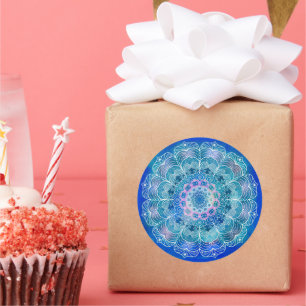 Adesivo Redondo Mandala White Outline Blue Watercolor -