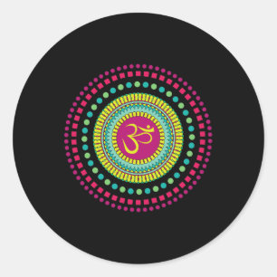 Adesivo Redondo Mandala Yoga Espiritual Símbolo Om Rosa e Verde Je