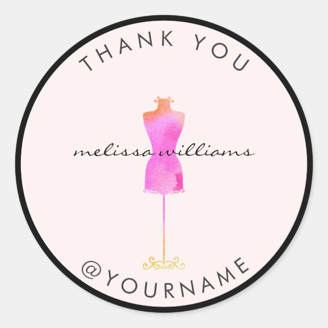 Adesivo Redondo Manequin de Vestido de Aquarela Rosa Vendedor II (Frente)