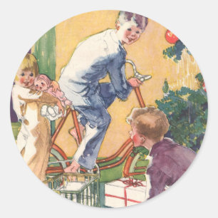 Adesivo Redondo Manhã de Natal Vintage, Crianças com Presentes