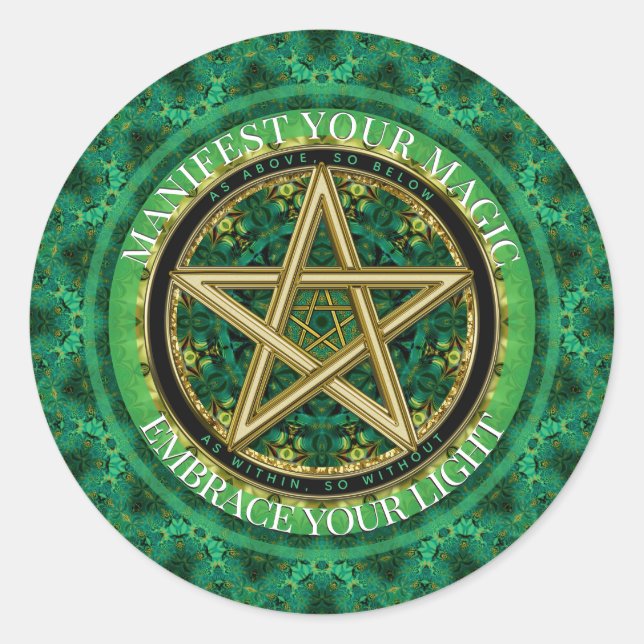 Adesivo Redondo Manifest Your Magic Golden Pentacle Nature Green (Frente)