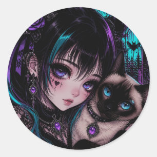 Adesivo Redondo Mantendo Contato Garota de Anime & Gato