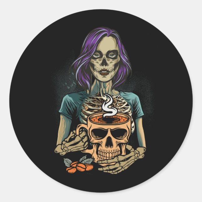 Adesivo Redondo Mantendo Vivo Bebendo De Esqueleto Café Lover Hall (Frente)