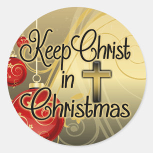 Adesivo Redondo Mantenha o cristo no Natal, ouro/cristão vermelho