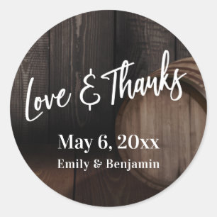 Adesivo Redondo Manuscrito Amor e Obrigados Brown Wooden Barrel