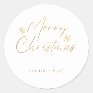 Adesivo Redondo Manuscrito Casual Feliz Natal Faux Gold Foil White