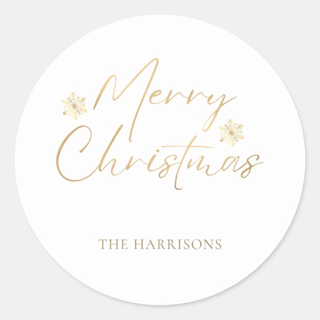 Adesivo Redondo Manuscrito Casual Feliz Natal Faux Gold Foil White (Frente)