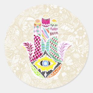 Adesivo Redondo Mão Artística Desenha Mão de Hamsa e Desenhos Flor