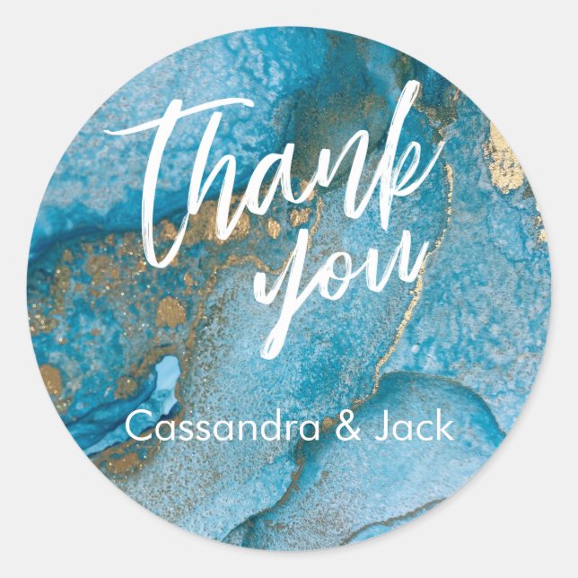 Adesivo Redondo Mão Casual de Abstrato de Arte Líquida Teal e Dour (Frente)