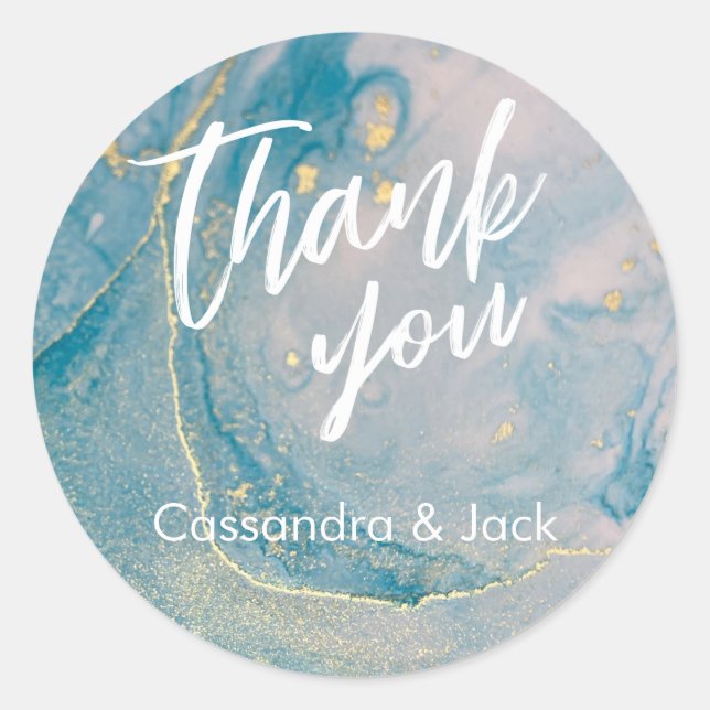 Adesivo Redondo Mão Casual de Abstrato de Arte Líquida Teal e Dour (Frente)