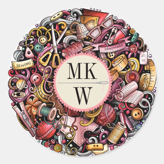 Adesivo Redondo Mão de tricô de costura (Frente)