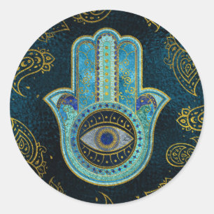 Adesivo Redondo Mão Decorativa de Hamsa com fundo paisley