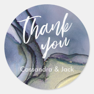 Adesivo Redondo Mão Dourada de Abstrato de Arte Líquida Azul Roxo