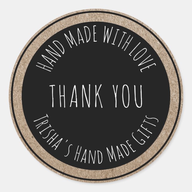 Adesivo Redondo Mão Feita com Amor Obrigado Kraft Black (Frente)