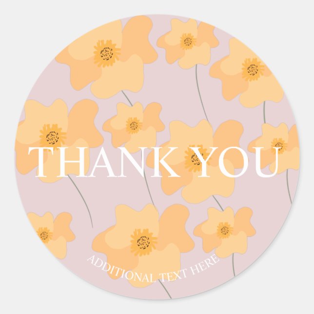 Adesivo Redondo Mão Floral Amarela Desenhada Obrigado Rosa (Frente)