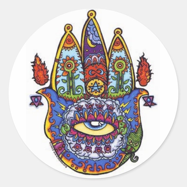 Adesivo Redondo mão hamsa. (Frente)